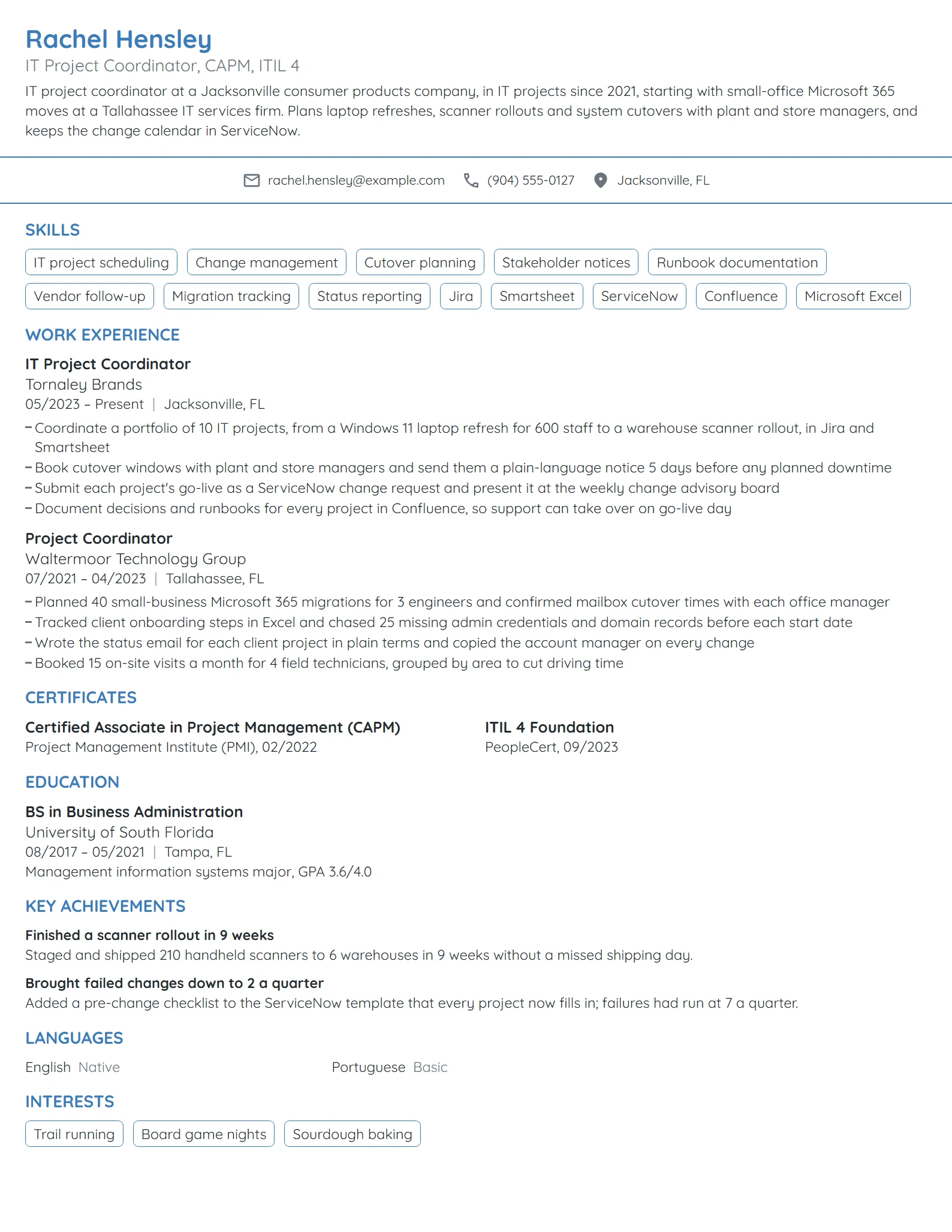 IT Project Coordinator resume example