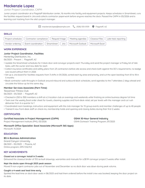 Junior Project Coordinator resume example