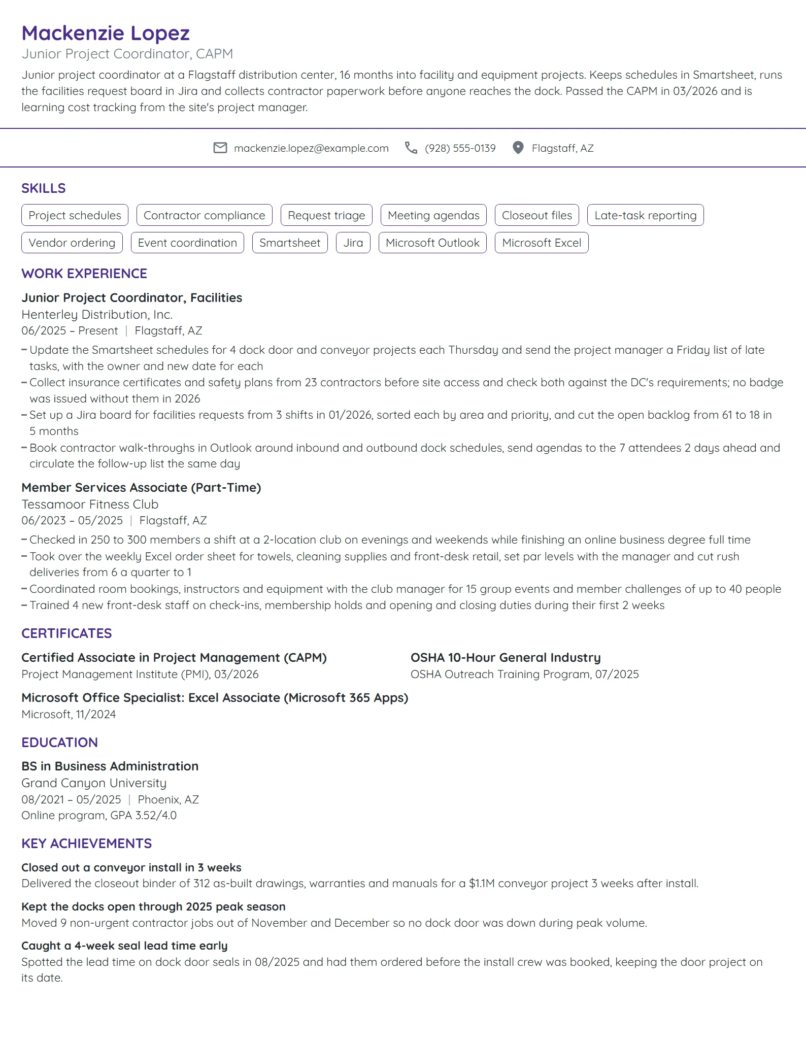 Junior Project Coordinator resume example