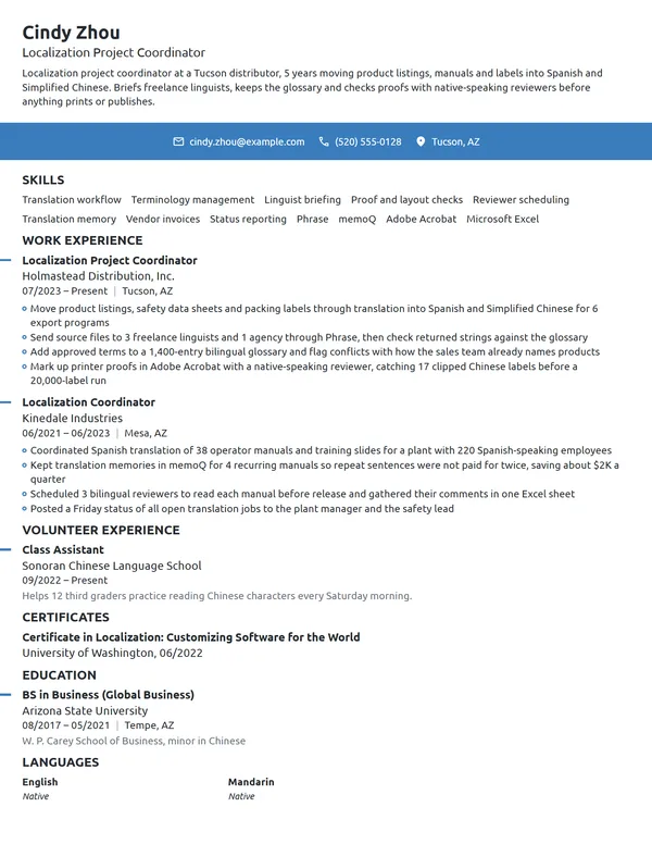 Localization Project Coordinator resume example