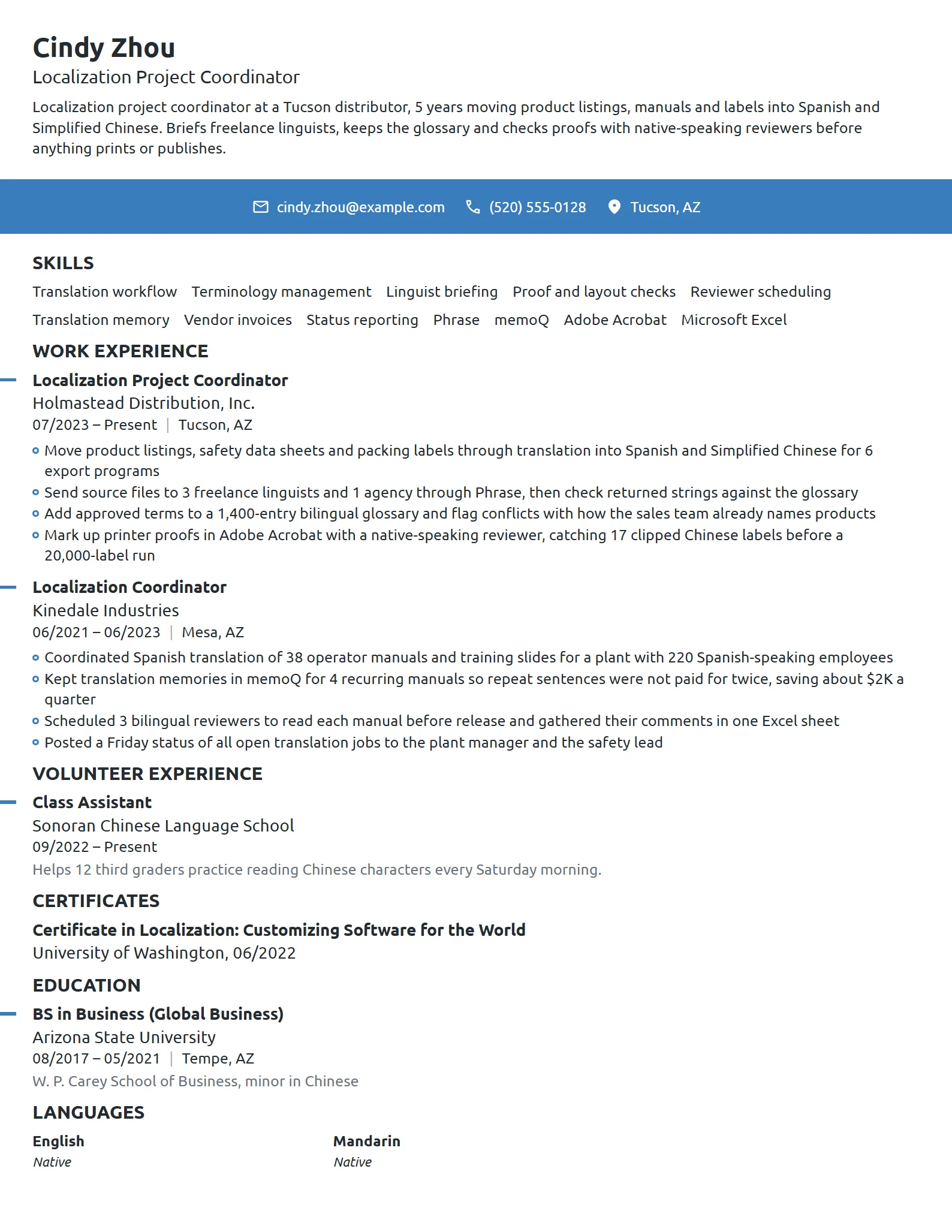 Localization Project Coordinator resume example