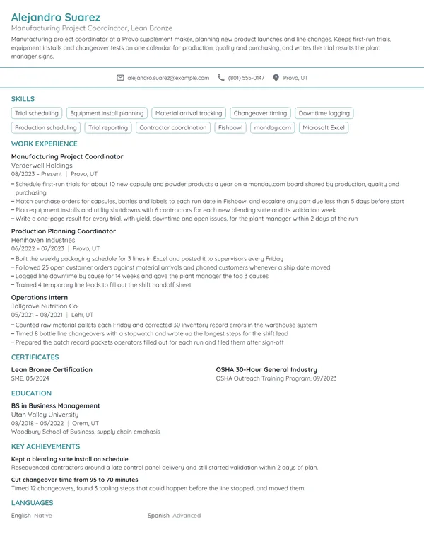 Manufacturing Project Coordinator resume example