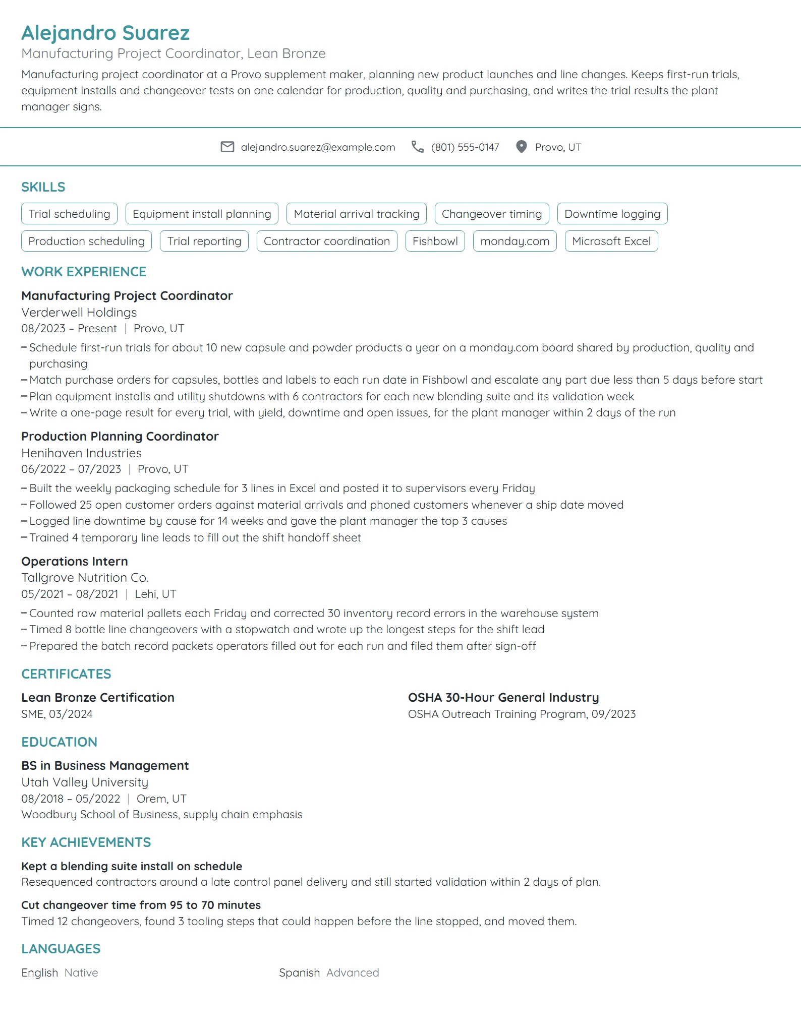 Manufacturing Project Coordinator resume example