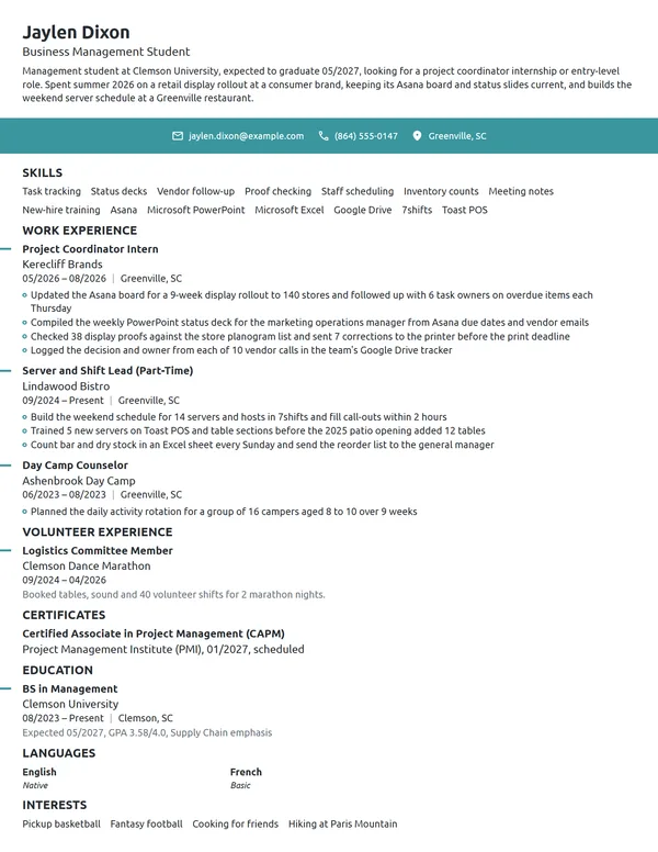 Project Coordinator Intern resume example