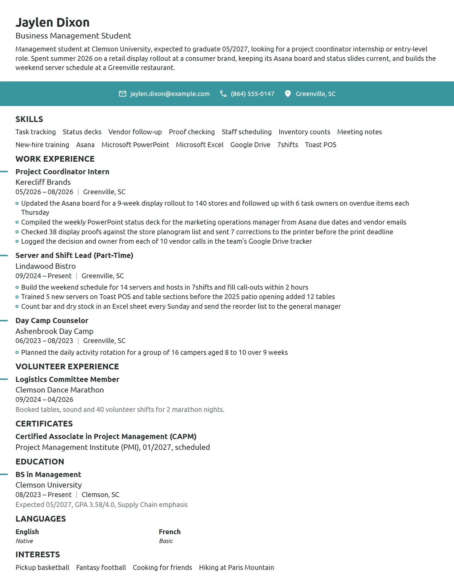 Project Coordinator Intern resume example