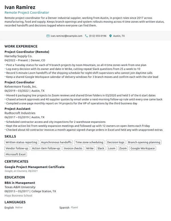 Remote Project Coordinator resume example