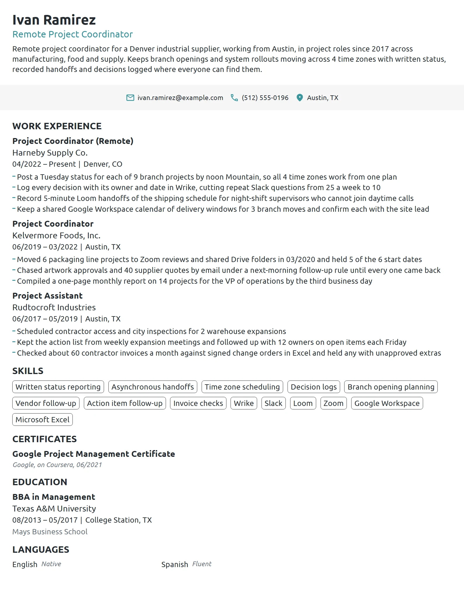 Remote Project Coordinator resume example