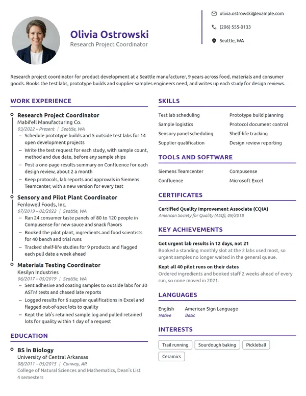 Research Project Coordinator resume example