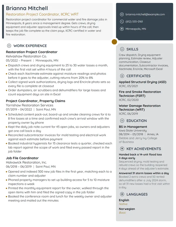 Restoration Project Coordinator resume example