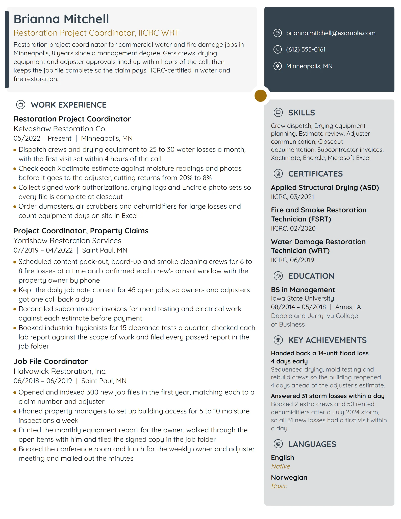 Restoration Project Coordinator resume example