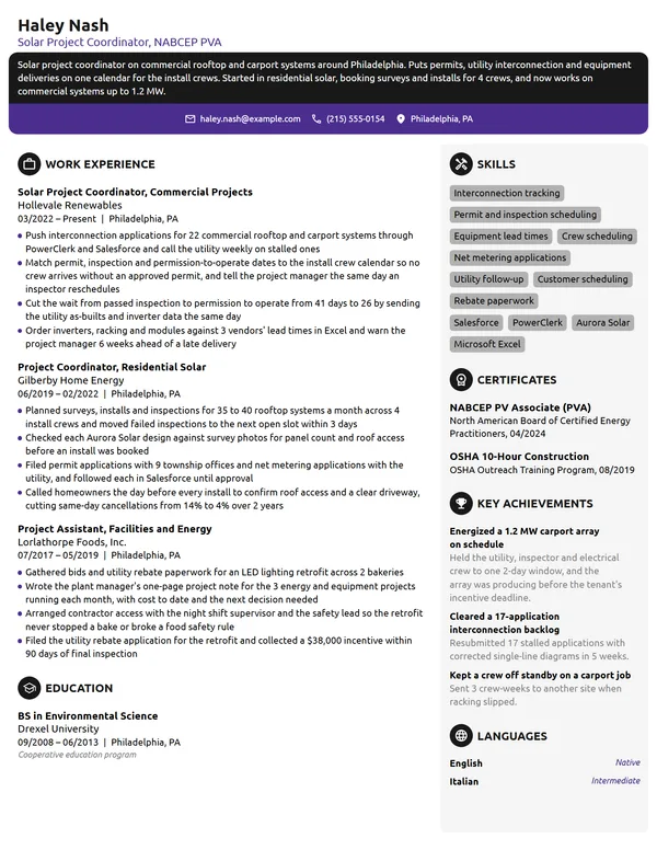 Solar Project Coordinator resume example