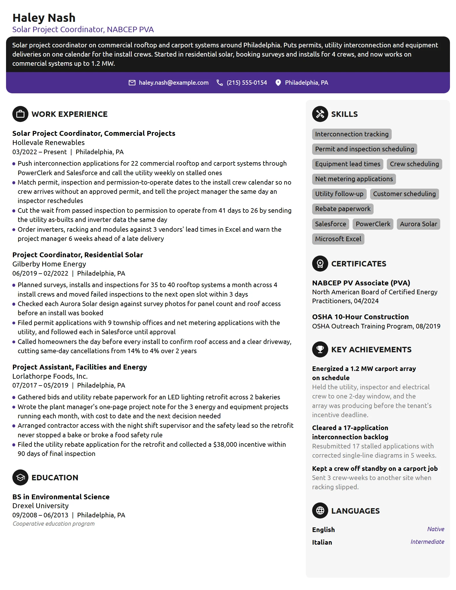 Solar Project Coordinator resume example