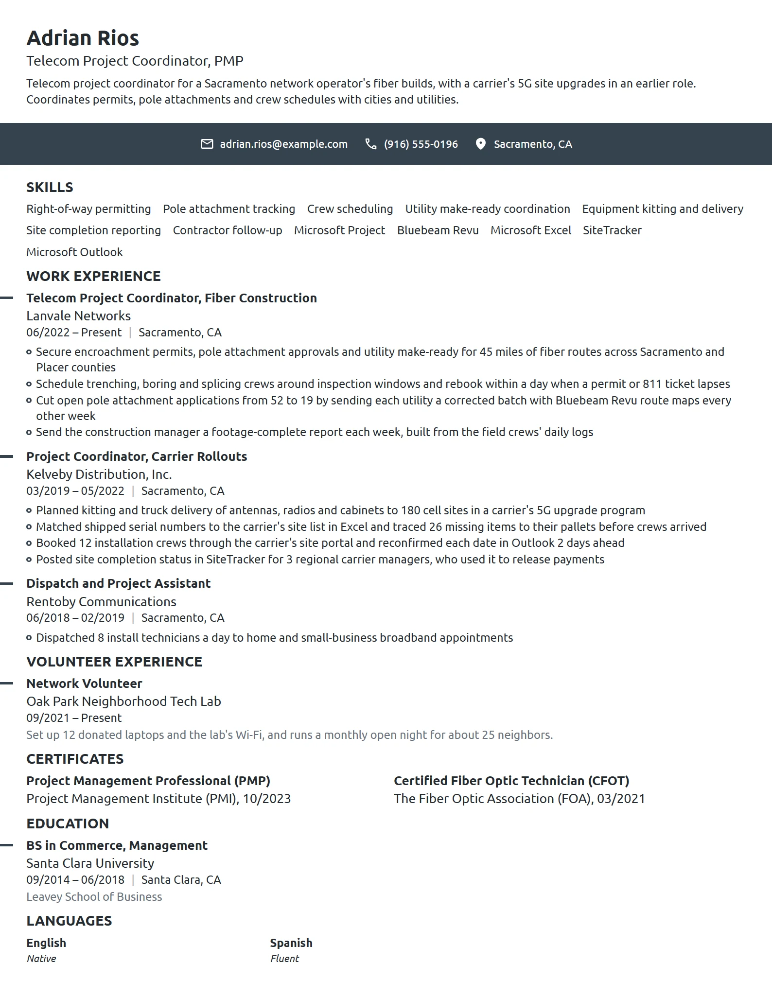 Telecom Project Coordinator resume example