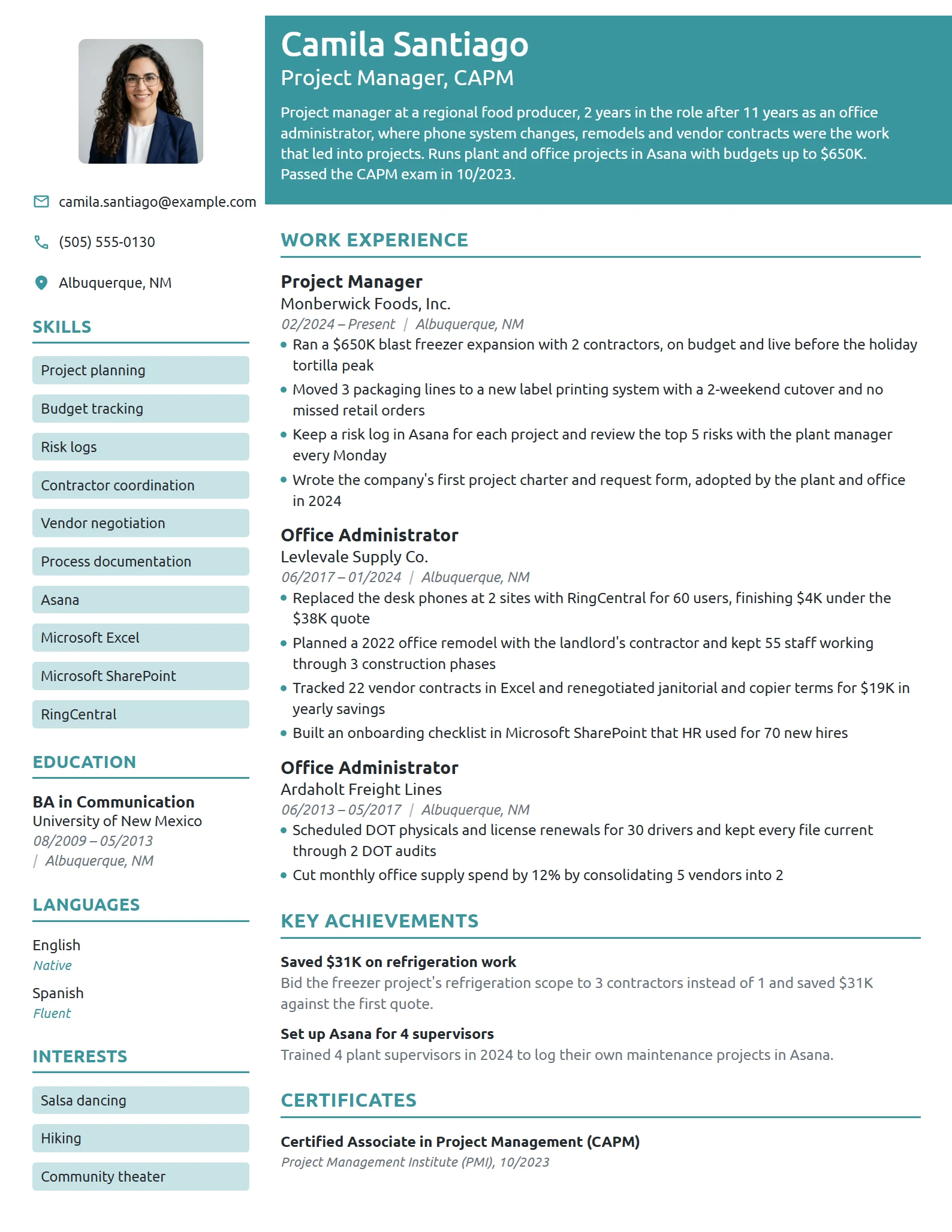 Career Change Project Manager resume example