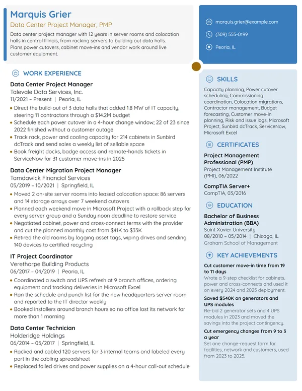 Data Center Project Manager resume example