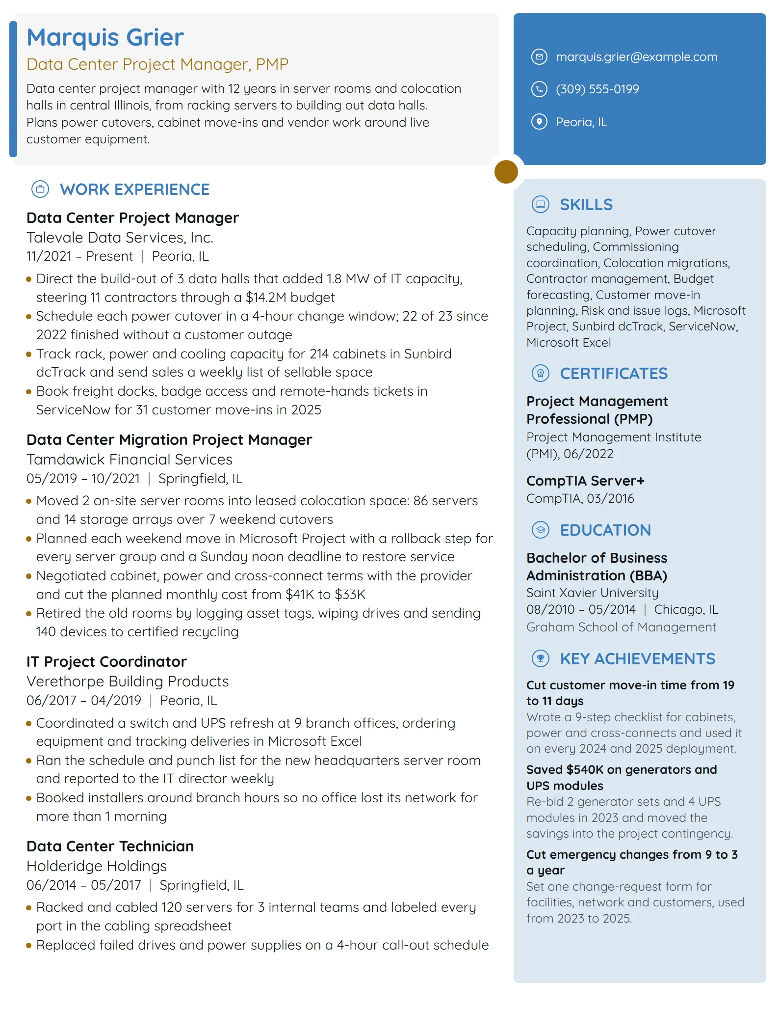 Data Center Project Manager resume example