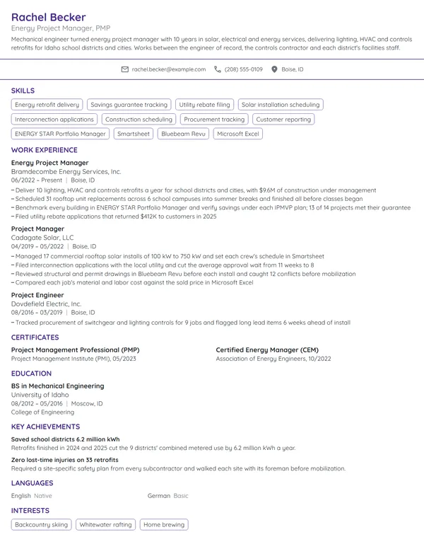 Energy Project Manager resume example