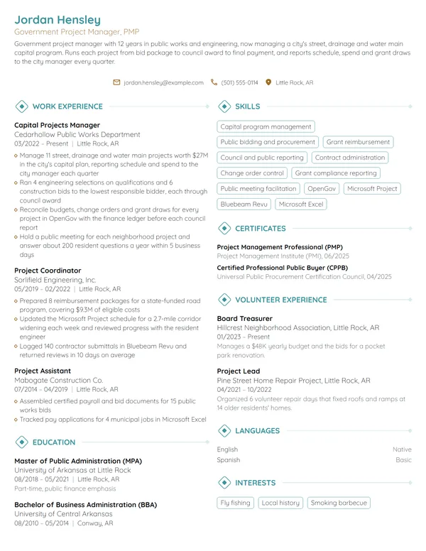 Government Project Manager resume example