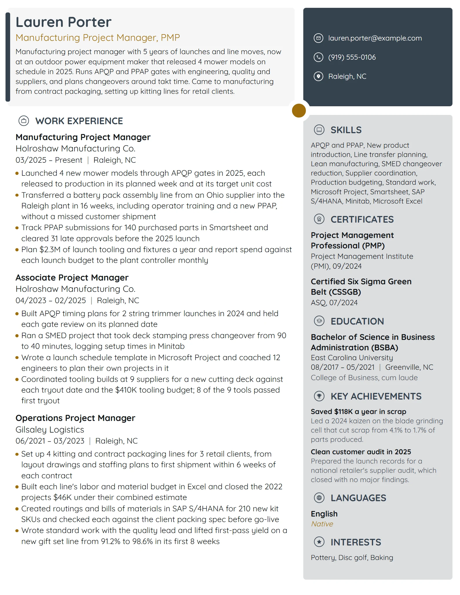 Manufacturing Project Manager resume example