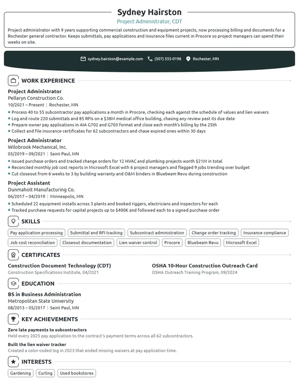 Project Administrator resume example