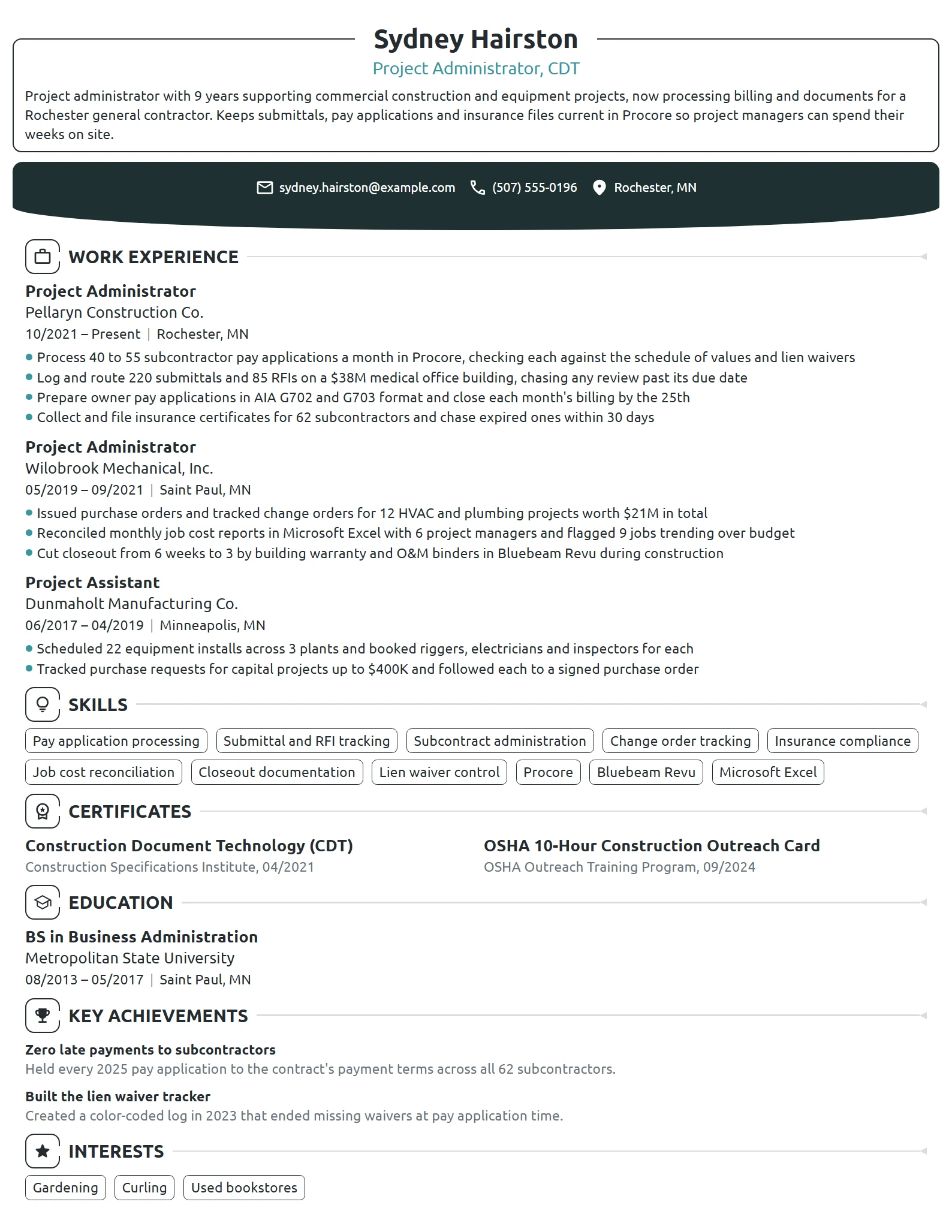 Project Administrator resume example