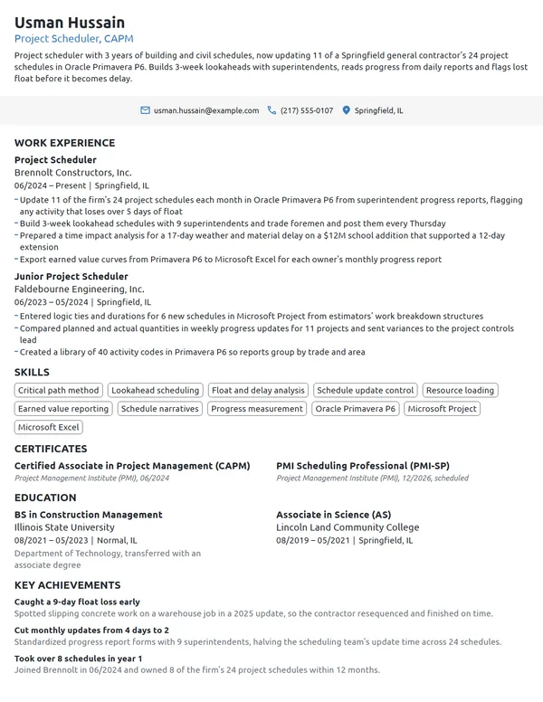 Project Scheduler resume example