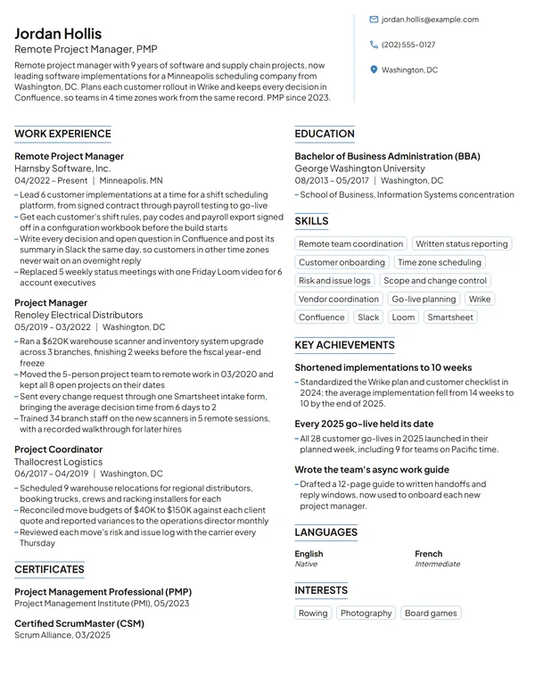Remote Project Manager resume example