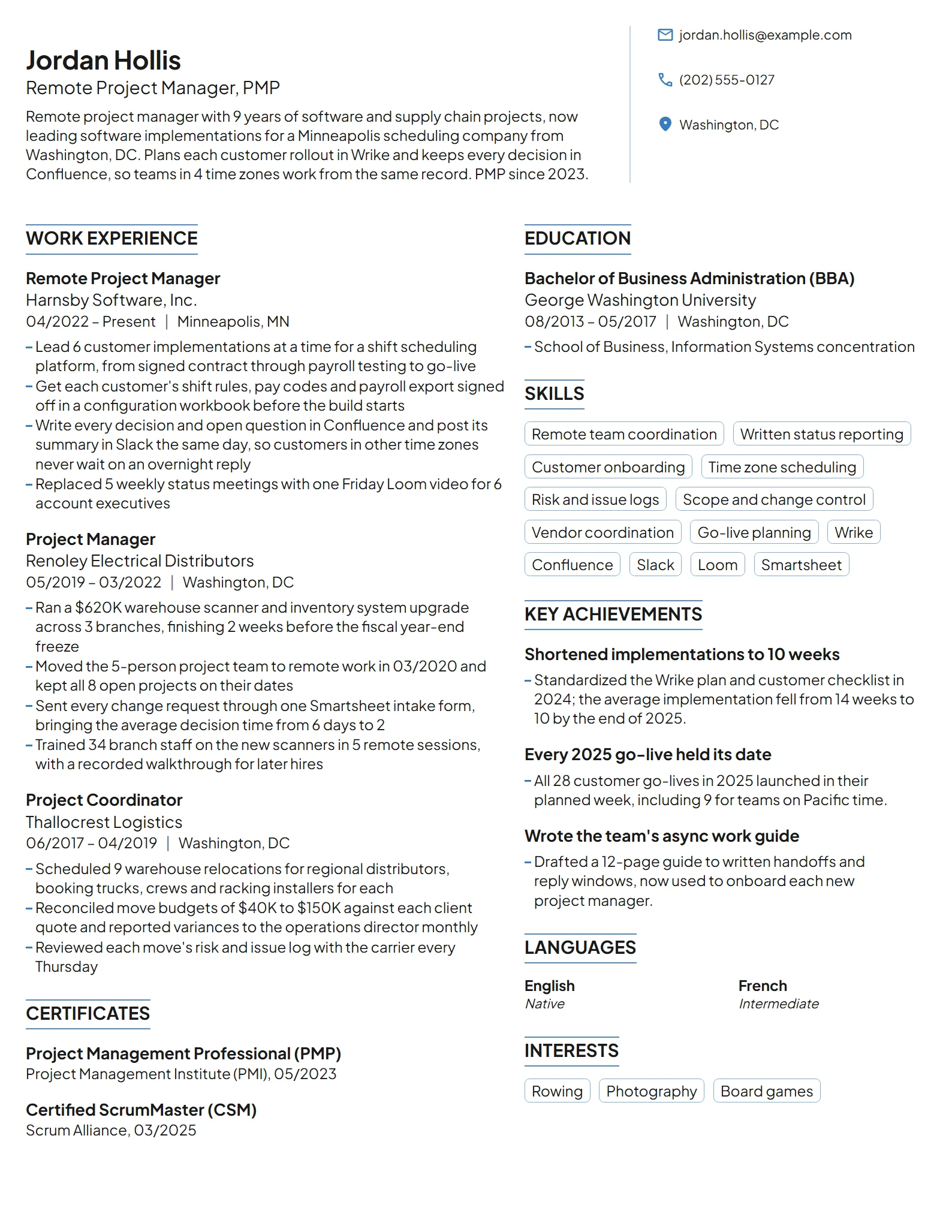 Remote Project Manager resume example