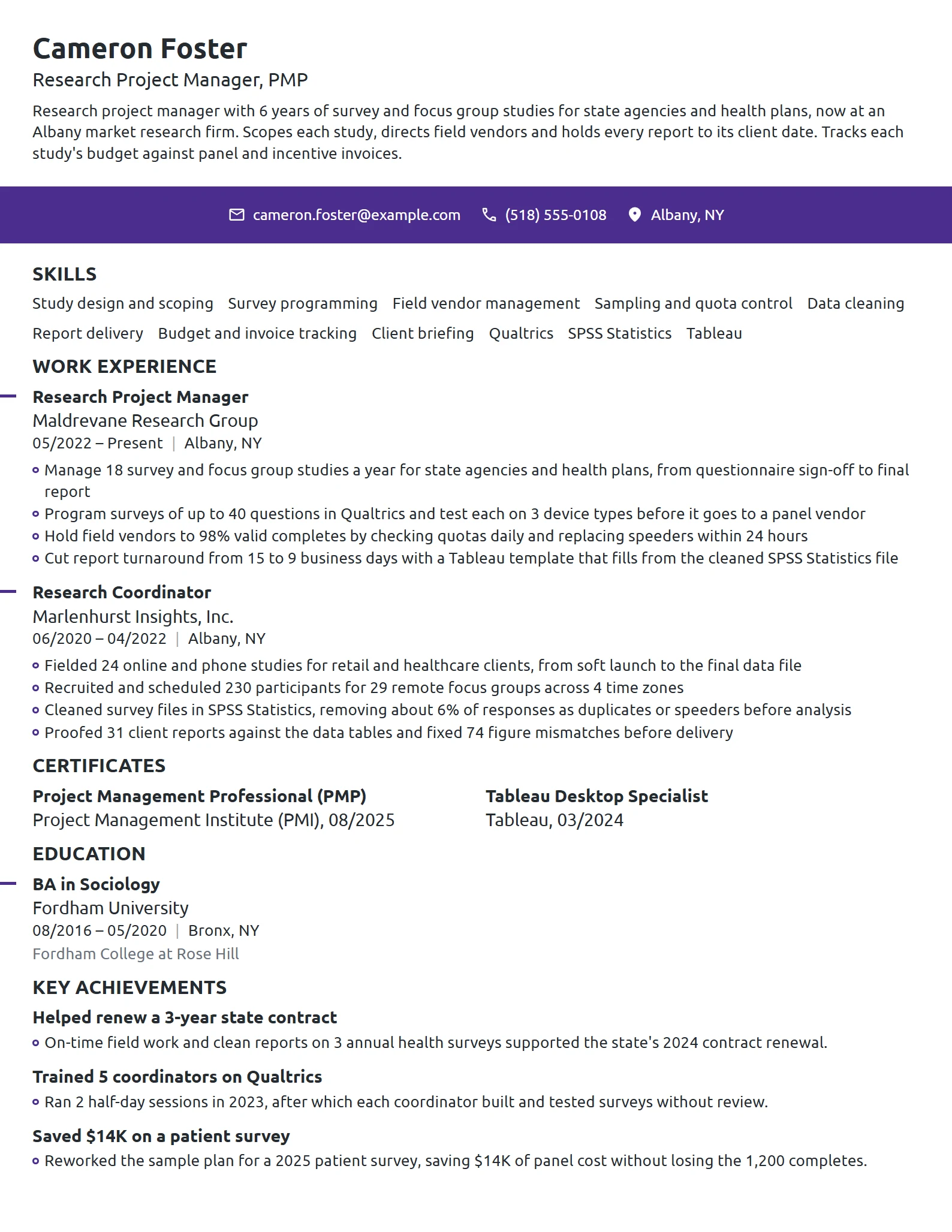 Research Project Manager resume example