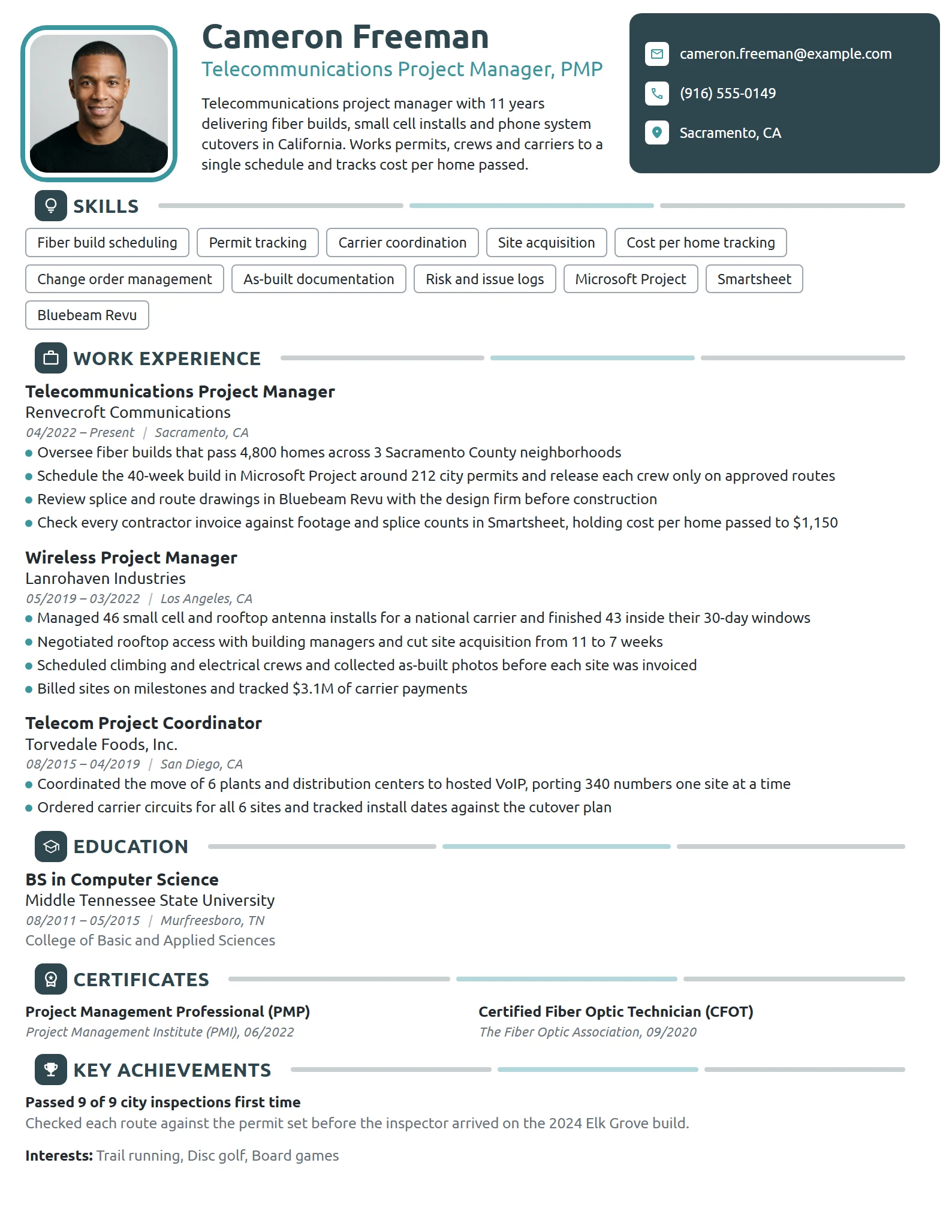 Telecommunications Project Manager resume example