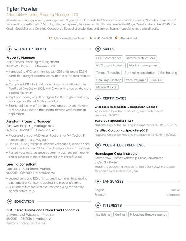 Affordable Housing Property Manager resume example