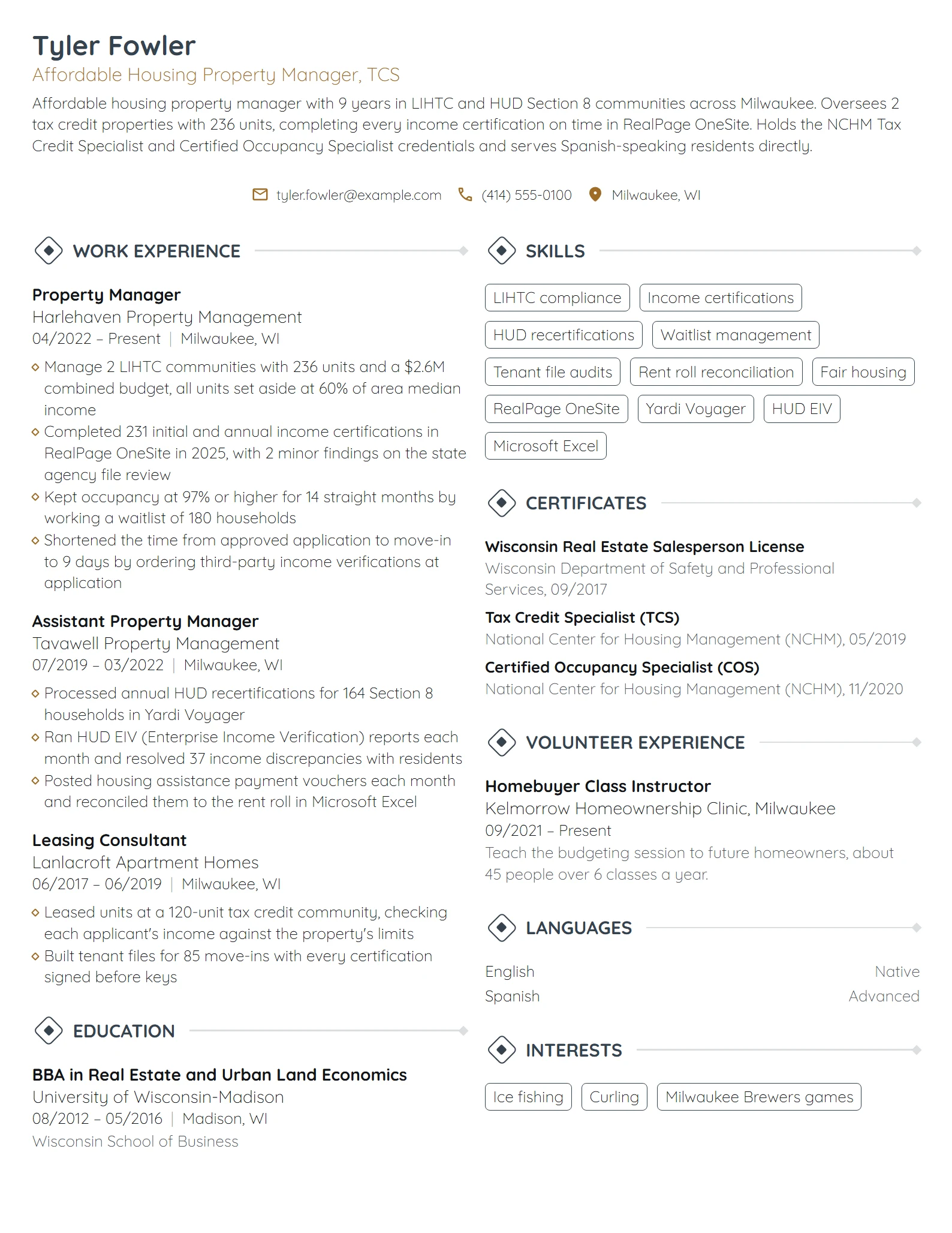 Affordable Housing Property Manager resume example