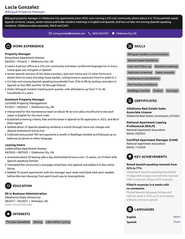 Bilingual Property Manager resume example