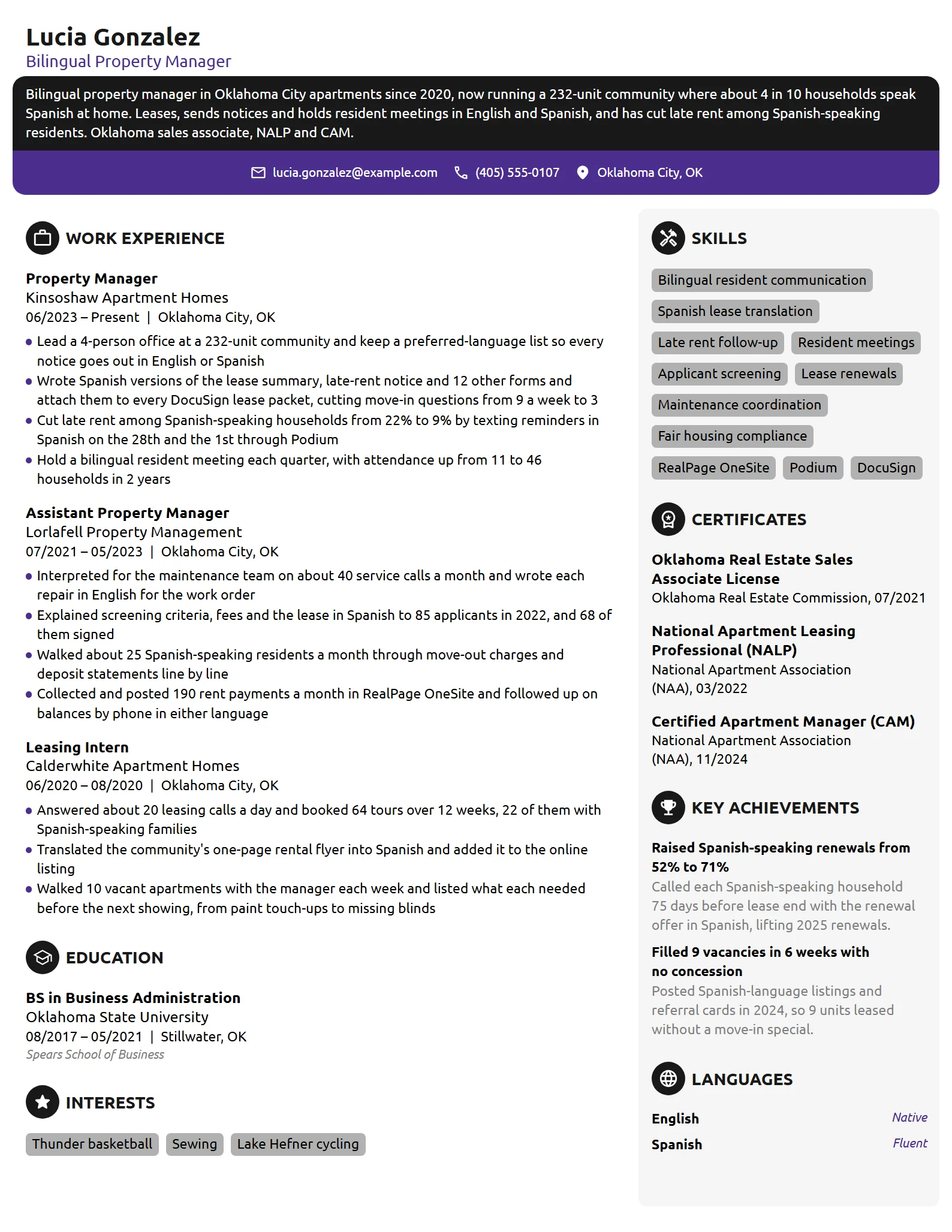 Bilingual Property Manager resume example