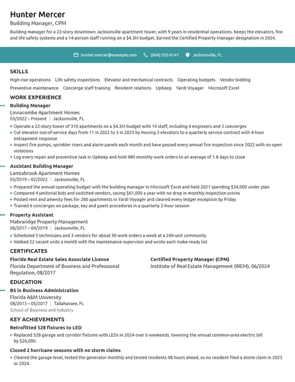 Building Manager resume example