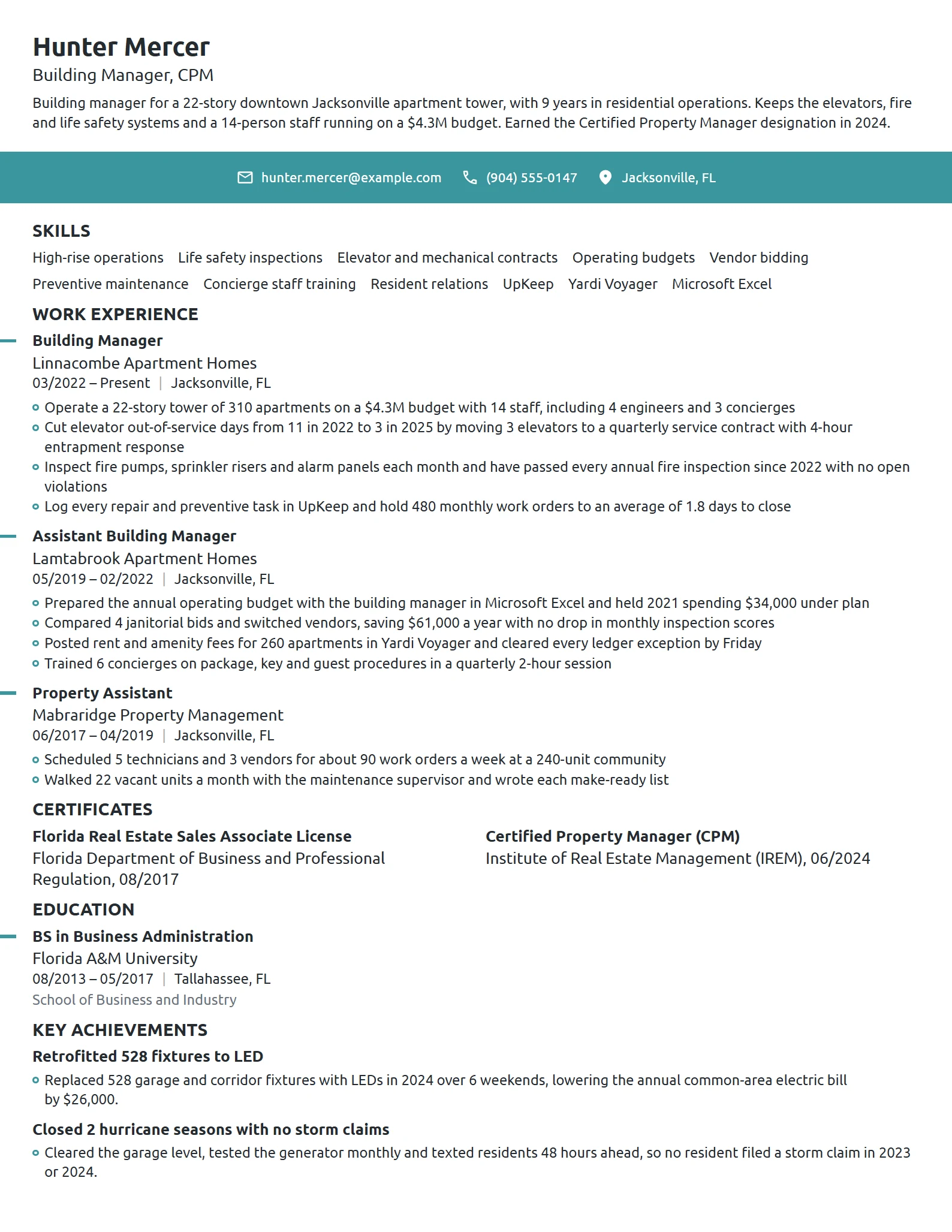 Building Manager resume example