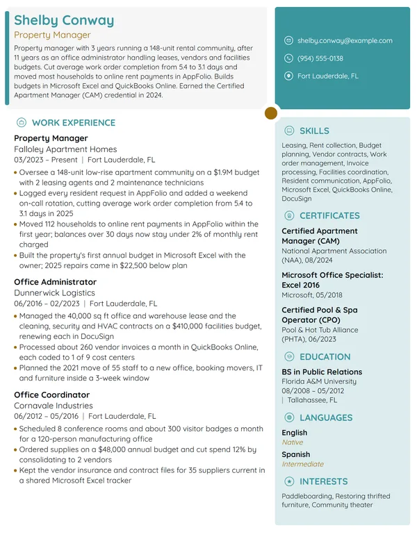 Career Change Property Manager resume example