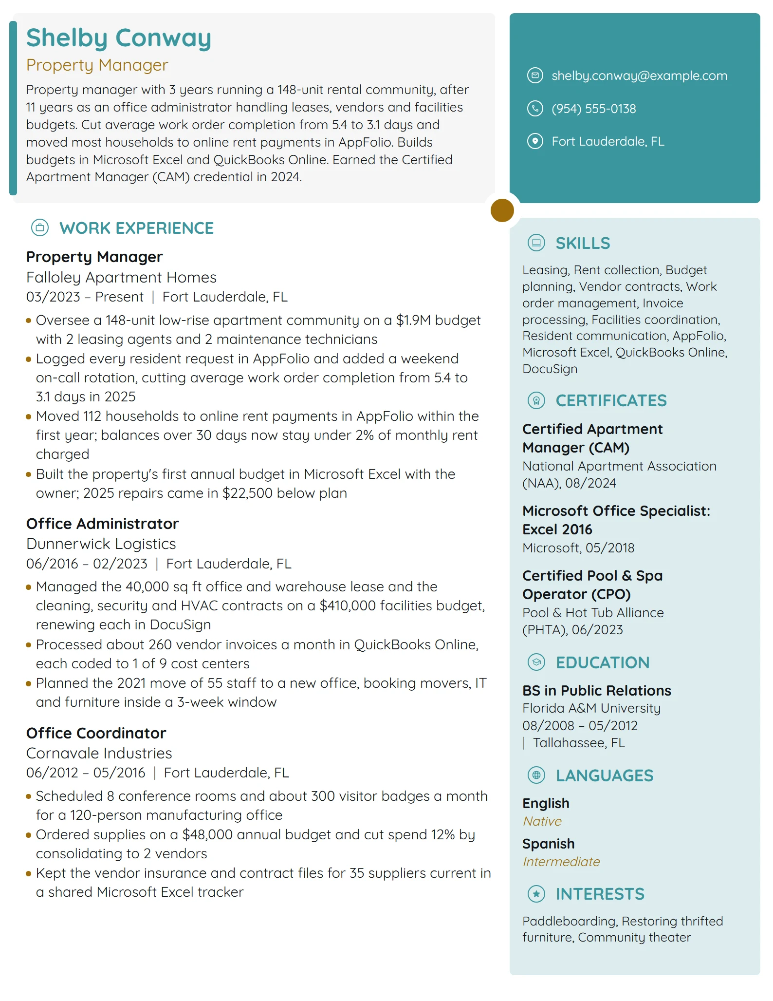 Career Change Property Manager resume example