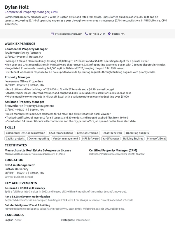Commercial Property Manager resume example