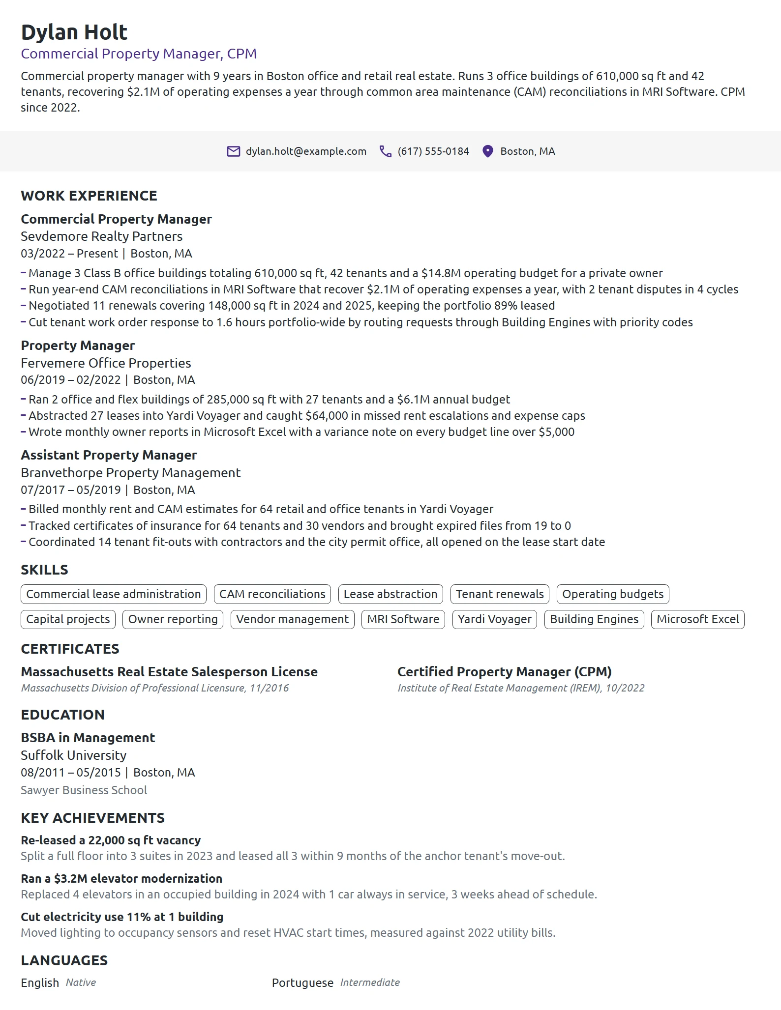 Commercial Property Manager resume example