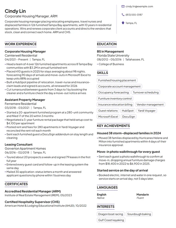 Corporate Housing Manager resume example