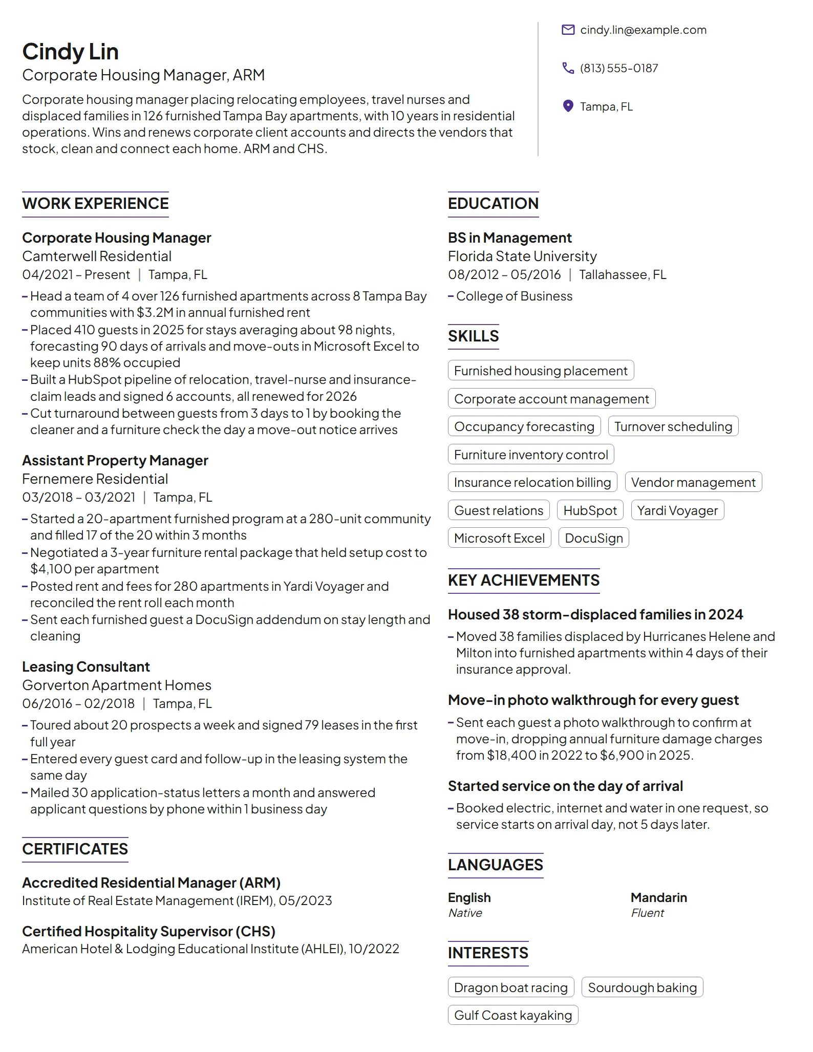 Corporate Housing Manager resume example