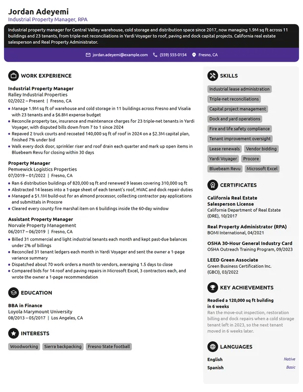 Industrial Property Manager resume example