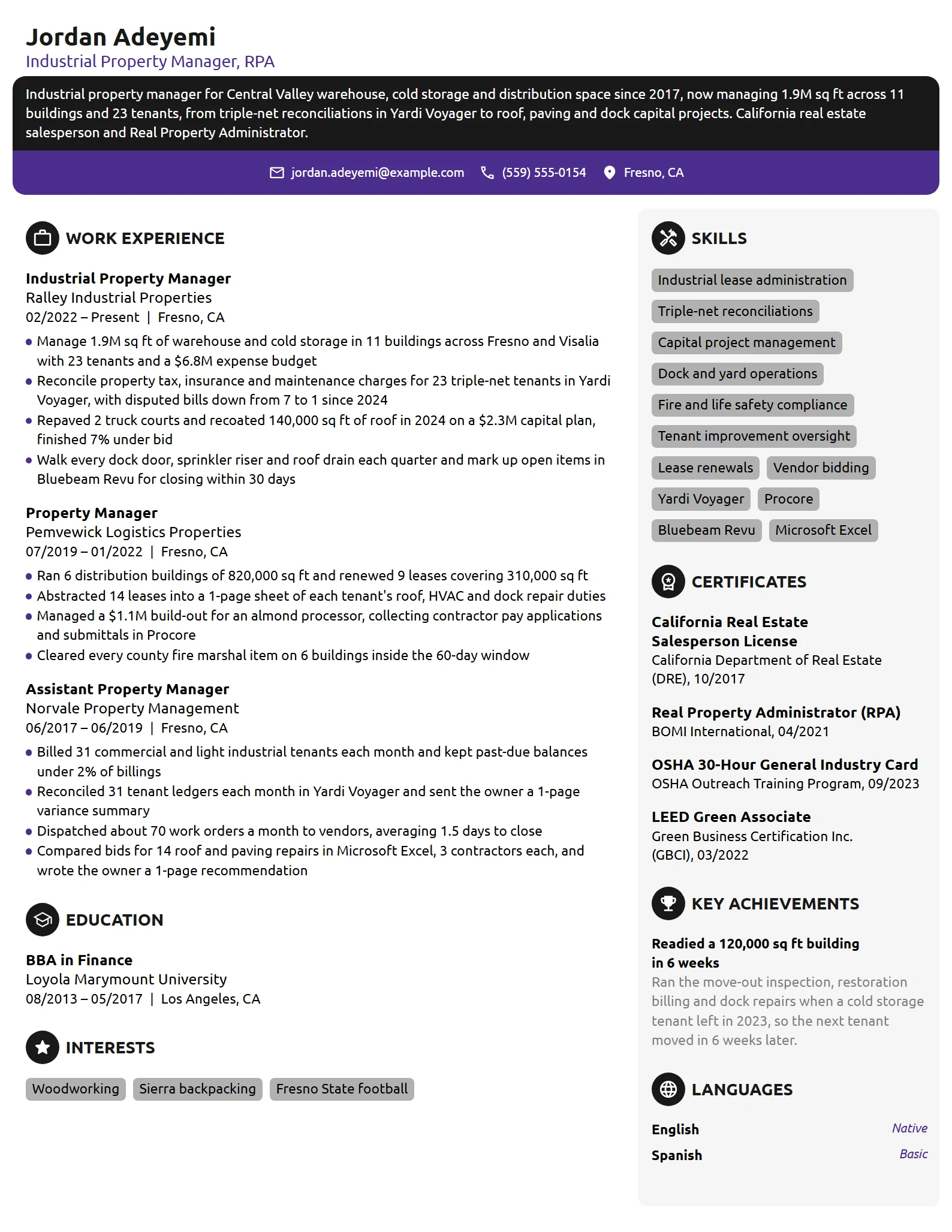 Industrial Property Manager resume example