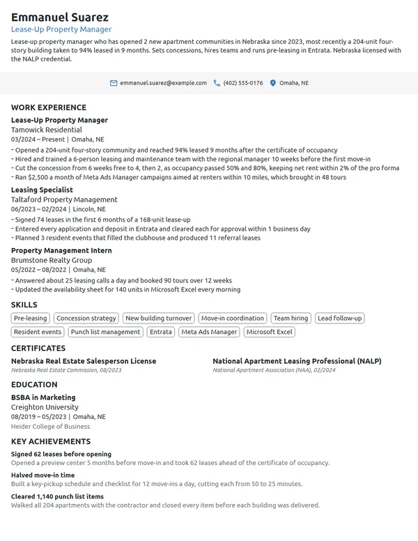 Lease-Up Property Manager resume example