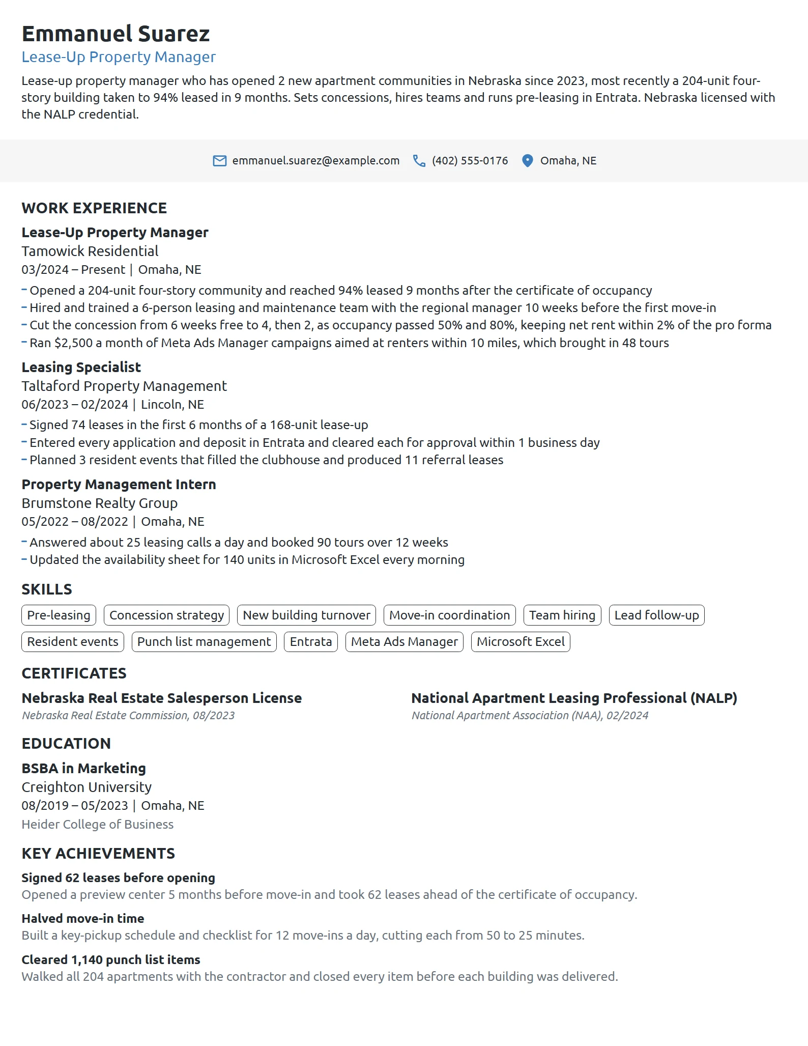 Lease-Up Property Manager resume example