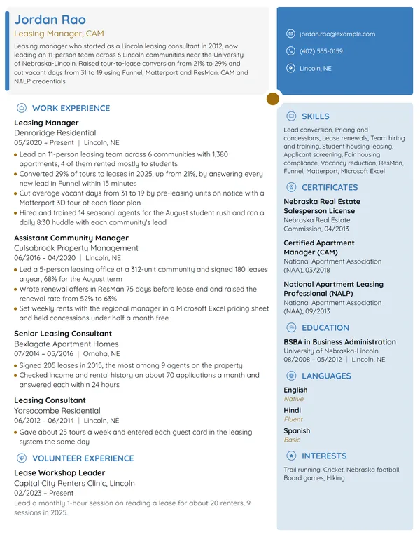 Leasing Manager resume example