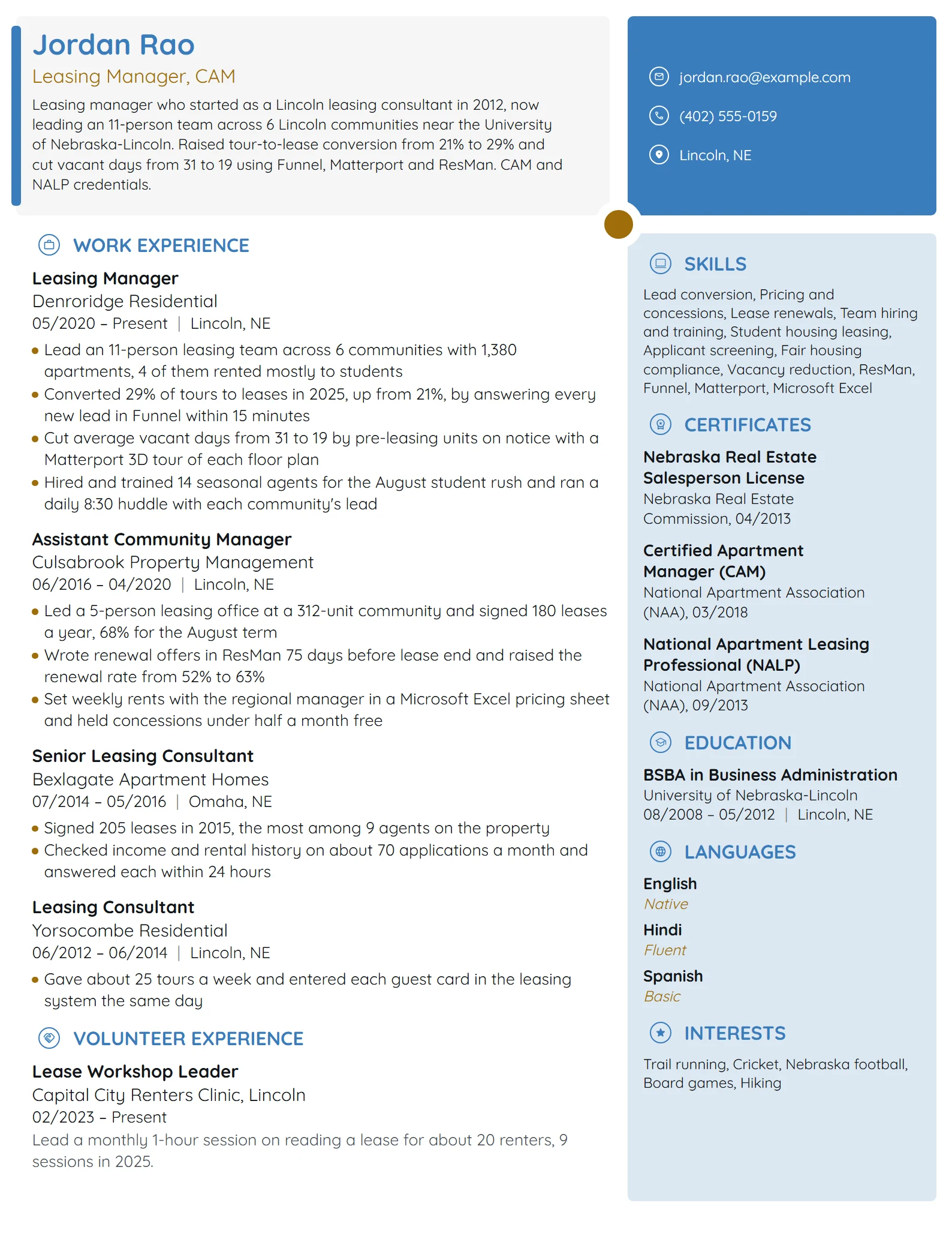 Leasing Manager resume example