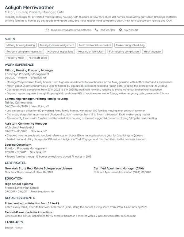 Military Housing Property Manager resume example
