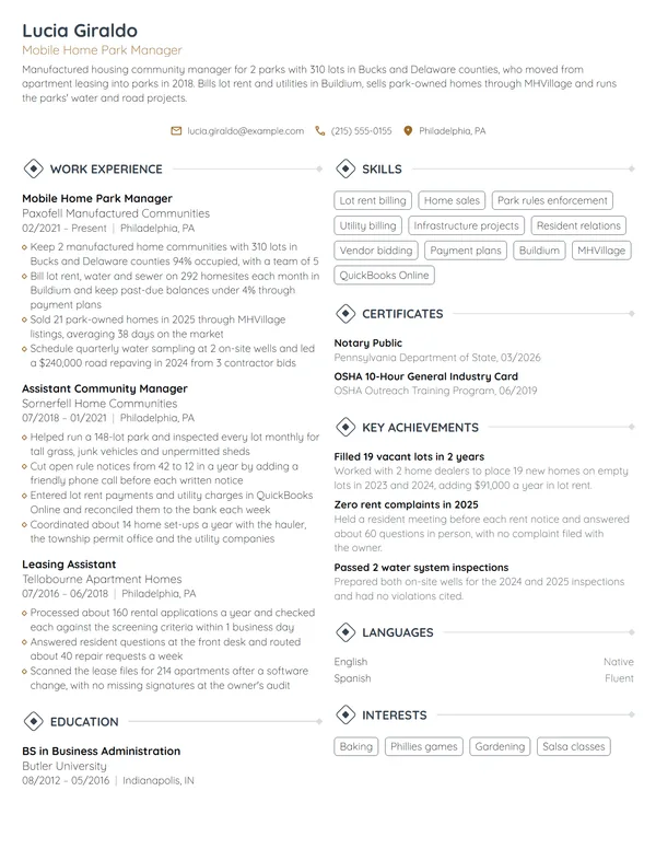 Mobile Home Park Manager resume example